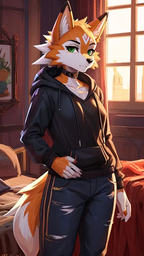 Solo, score_9,score_8_up,score_7_up, source_furry, an Anthro furry Dusk Lycanroc female, green eyes, wearing a hoodie in white color, black jeans, standing, looking at you, in bedroom