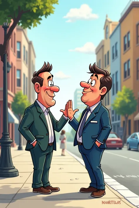 Cartoon of two men apologizing in the street 