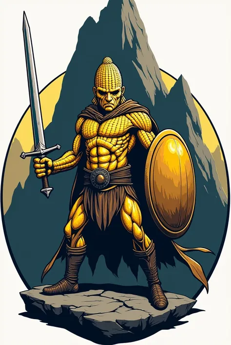 Create a circular logo of a corn man with a sword and a shield in both hands and a giant rock behind his back 