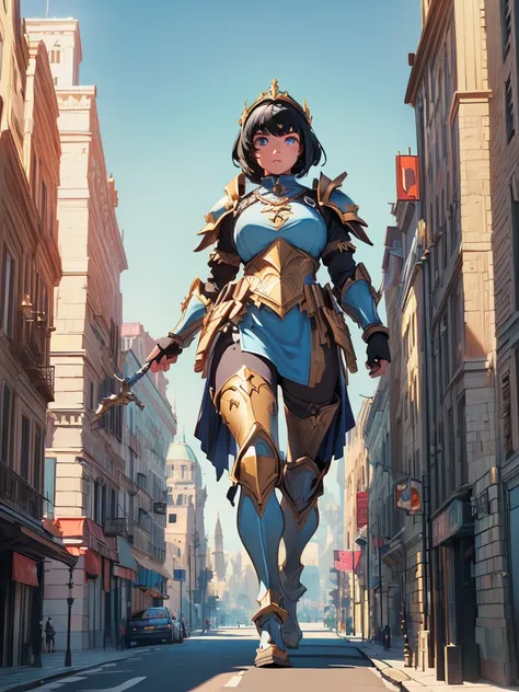 ((((Western European fantasy city))) Western castle, castle town, store, stone wall, tower ((Giant girl wearing armor)) (((Giant girl walking between buildings))) Metal armor, metal helmet, permanent spear, shield, shoulder medal, military boots Compositio...