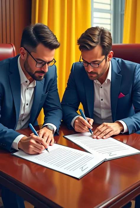 GENERATE AN IMAGE WHERE AN AGREEMENT IS BEING SIGNED AND THAT THE IMAGE HAS YELLOW COLORS, blue, red and white