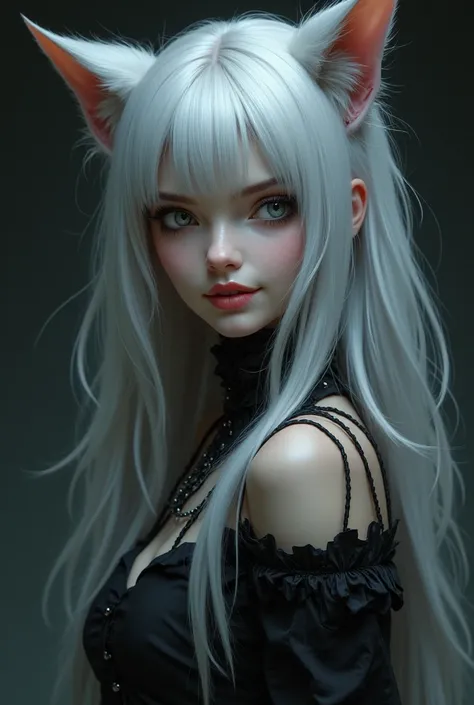 Silver hair girl, cat ear, gray eyes, scary smile 