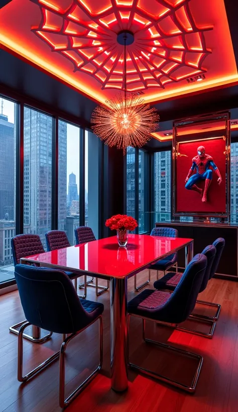 A dynamic and bold dining room that captures Spider-Mans energetic spirit and youthful vibe. The dining table features a sleek, modern design, with a red glass top that reflects the colors of Spider-Man’s suit. The tables legs are designed to mimic Spider-...