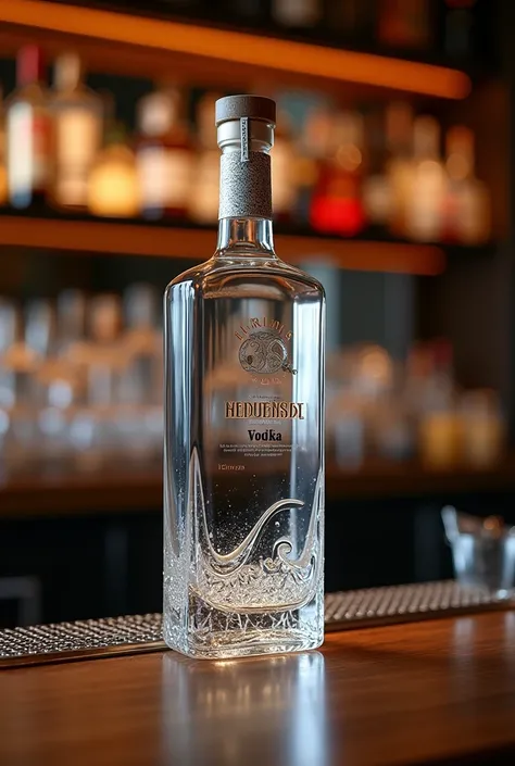 A bottle of vodka ,  fine shiny details ,  great quality bottle ,  on a bartender bar