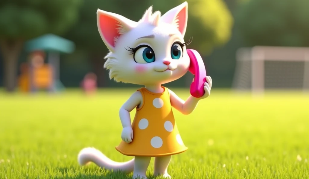 In a Pixar-inspired 3D cartoon style, Luna, the graceful white anthropomorphic kitten with bright blue eyes, is depicted standing in the short grass of the city parks soccer field. She is holding her pink cell phone to her ear, with a serious but determine...