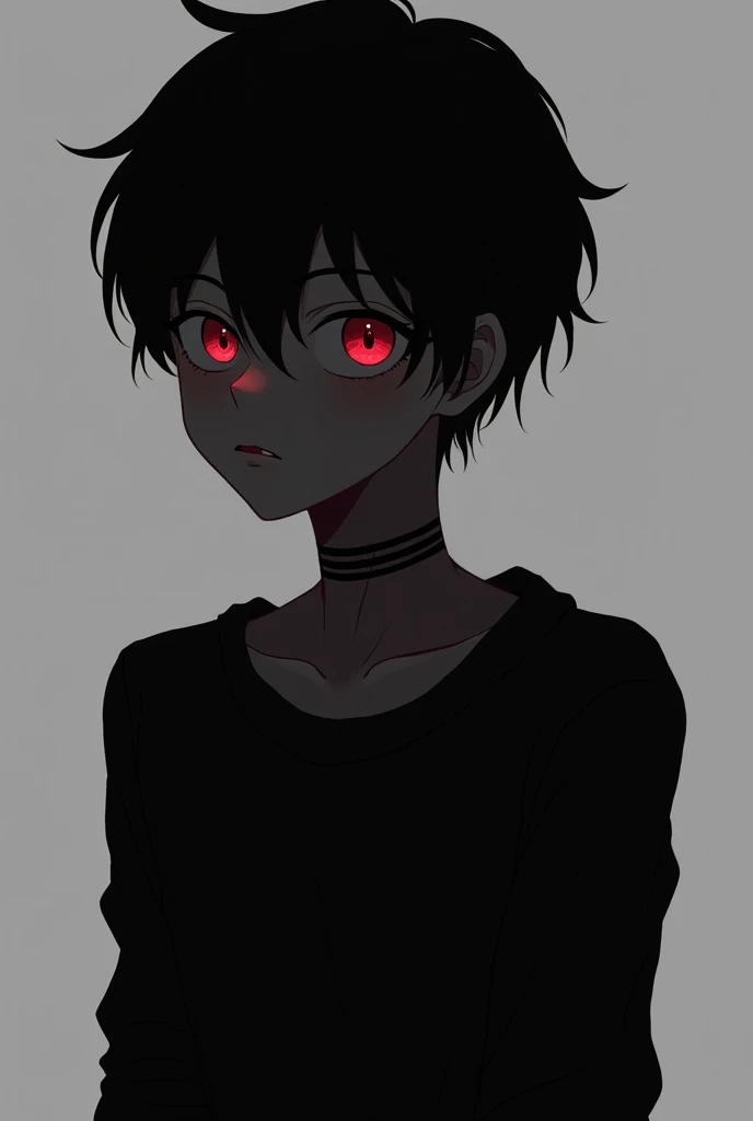 It generates an illustration of a slender adolescent male character in anime style ,  completely shrouded in shadows .  Her black silhouette contrasts with a gray background .  Her cherry eyes shine brightly from the shadows ,  and a bright cherry tattoo o...