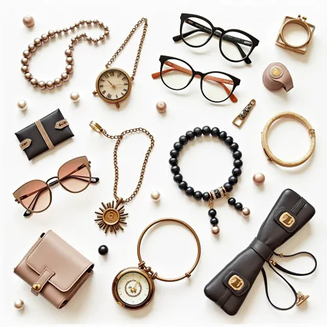  images of varieties of accessories, with glasses, bracelet , watch,  womens handbags with white background 