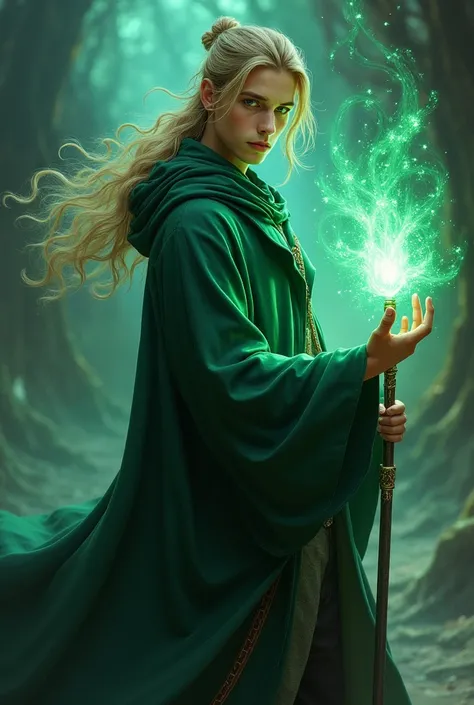 An extremely handsome eighteen-year-old wizard with blond hair tied up with blue eyes with a wacky face wearing dark green clothes using a dark green cane casting spells sexualizing 