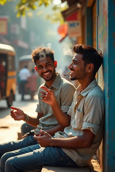 A hyper-realistic and highly detailed image of two young men, aged between 24 to 26, sitting casually on a worn wooden bench near a chai stall on a bustling Mumbai street. Both are smoking cigarettes, with wisps of smoke curling upward in the golden sunlig...