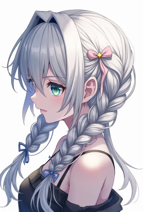 1 ,  plain background,  Heterochromia, blue eyes,  yellow eyes ,  Hair with two tall braids, Ahoge,  asymmetric hair ,  tied hair ,  asymmetric fringe ,  silver hair,  hair ribbon , anime, 