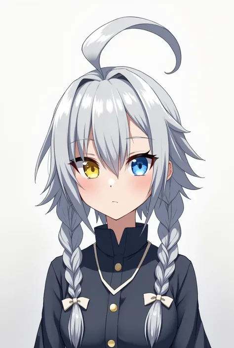 1 ,  plain background,  Heterochromia, blue eyes,  yellow eyes ,  Hair with two tall braids, Ahoge,  asymmetric hair ,  tied hair ,  asymmetric fringe ,  silver hair,  hair ribbon , killed, anime, 