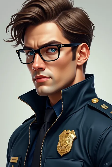  25-year-old male , athletic police detective with blue eyes ,  with slightly long brown hair and glasses.  Realistic style 