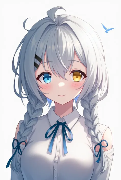 1 ,  plain background,  Heterochromia, blue eyes,  yellow eyes ,  Hair with two tall braids, Ahoge,  asymmetric hair ,  tied hair ,  asymmetric fringe ,  silver hair,  hair ribbon , anime, 