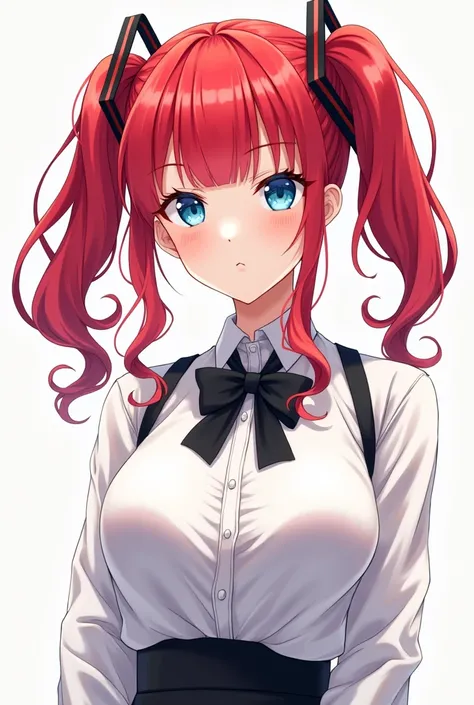 Glasses、 Bright Red Hair 、 blue eyes、two side up、Hair between the eyebrows、blunt bangs、  straight hair 、 Short Bang 、 white shirt、 white shirt、 black bow tie 、Big Breasts、  Super Fine Illustration ,((( beautiful thin hair ))),((( beautiful face))),((( beau...