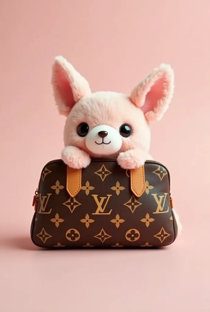 Style: Cute, soft, plush
Theme: LV handbag, luxury, fashion
Colors: Soft pink, beige, brown
Material: Plush, furry
Features: Big eyes, smile, rounded shape
Background: Simple, soft background color
Details: LV logo pattern, detailed stitching