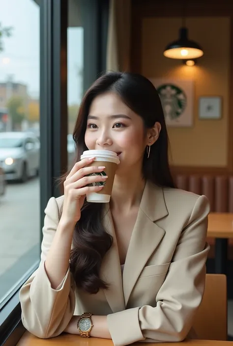 Yes, Im a Korean woman who looks like this, but shes drinking Americano at a Starbucks cafe and made a picture taken by a friend