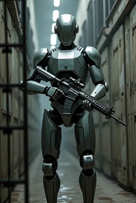 A robot holding a m16 rifle like a guard and background is in a prison