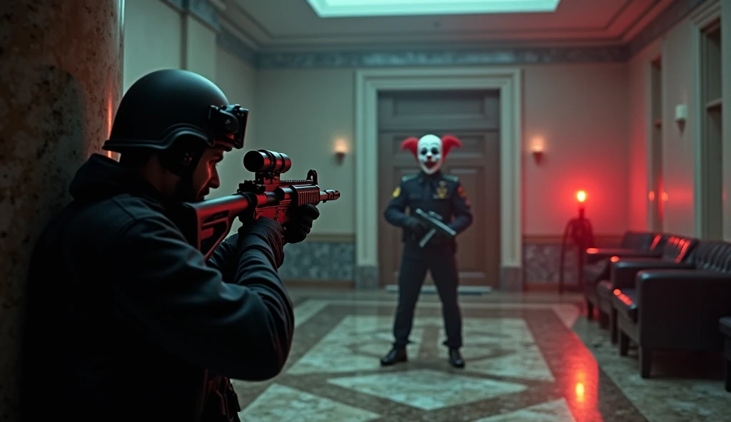 A tense and gripping scene inside a dimly lit bank, where a SWAT officer hides behind a marble column, his rifle aimed steadily at a clown-masked robber across the room. The officer’s expression is focused beneath his tactical helmet, and his gloved finger...