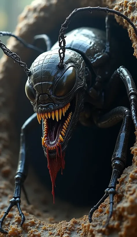 CREATE A HYBRID VERSION WHERE FEATURES OF THE [venom]and[ant] ARE COMBINED INTO A SINGLE, SEAMLESS ENTITY WITH A MONSTROUS DANGEROUS APPEARANCE AND BACKGROUND INTESE THEIR EXPRESSION.