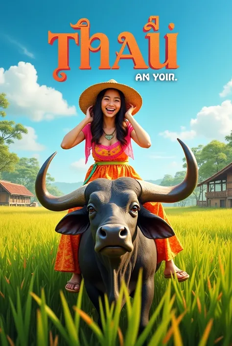 "A vibrant and humorous movie poster for a Thai comedy film. The central focus is a cheerful Thai actress riding a water buffalo in the middle of a lush green rice field. The actress is dressed in a colorful traditional Thai outfit with a modern twist, suc...