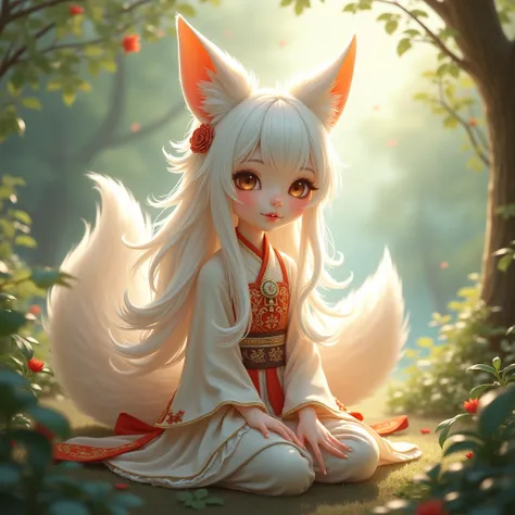 A petite, sweet-faced girl with long white hair. has fox ears And the foxs tail has nine tails.
Wear traditional Chinese womens clothing
You can see her whole body from a distance.