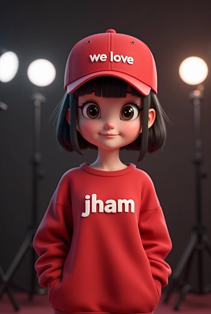 This is a 3D rendering of a stylized female anime character. She has large eyes, black short hair, and is wearing a red  sweatshirt with "jham" written on it and a red baseball cap with "we love" on it. And hes smile.. The background is a dark studio setti...