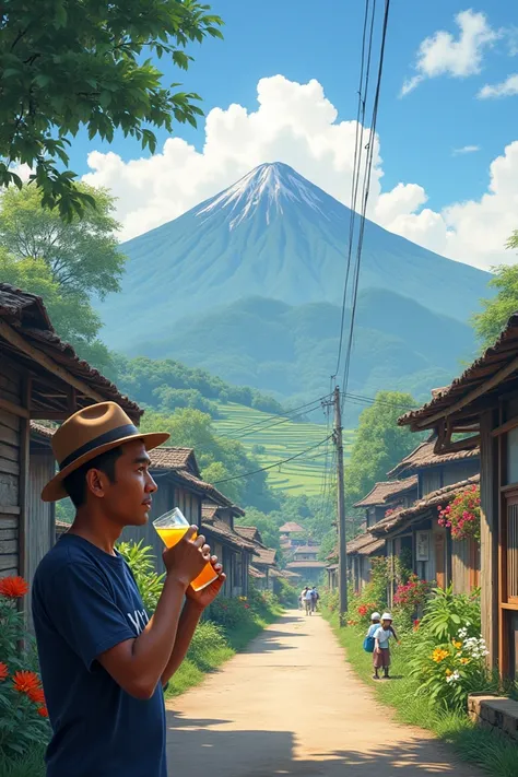 Cool rural atmosphere during the day ,  The streets of the village are paved in the hills across terraced rice fields and beautiful flowers,  a 28-year-old Indonesian man ,  wearing a brown hat and navy blue shirt with the inscription YH ,  drinking fruit ...