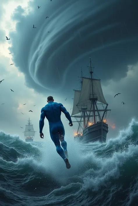 A superhero superman in a blue suit, swirling tornado over a turbulent ocean. The hero, seen from behind, heads towards a large sailing ship caught in the storm, with other ships visible in the distance. The sky is dark and ominous, filled with heavy cloud...