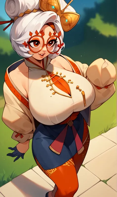 score_9, score_8_up, score_7_up, score_6_up, score_5_up, score_4_up, (source_anime), purah, 1girl, huge breasts, narrow waist, thick thighs, hair ornament, red headband, red glasses, sleeveless shirt, white coat, black skirt, red leggings, gloves, high hee...