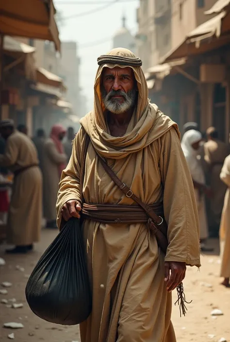 an Arab beggar man wearing dirty and shabby clothes, holding a black plastic bag in his hand and talking to several people in the market, set in a busy market in the city of Mecca