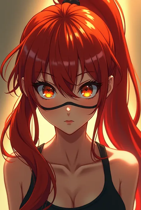 Anime style, Young woman slightly tanned, shes wearing a long and flame haired ponytail characterized by a warm reddish tone. Her eyes has a shimmering & bright tone just like gold. Her gaze is serious, and a detachable detail on her face is the long scar ...