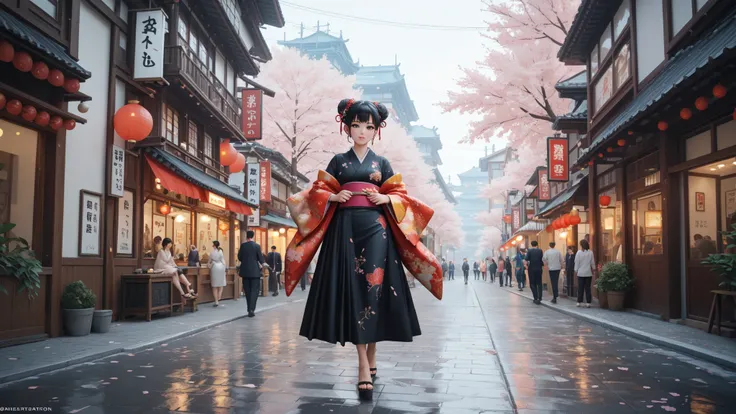 
anime girl in kimono outfit walking down a wet street, anime style 4 k, artwork in the style of guweiz, anime style. 8k, guweiz, guweiz on pixiv artstation, anime girl wearing a black dress, guweiz on artstation pixiv, guweiz masterpiece, anime art wallpa...