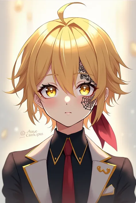 (Anime boy)
Appearance: medium hair ,pastel yellow color hair,White eyes and yellow star iris shape,black cobweb tattoo under right eye,wears a musician style outfit and black white theme,Wears a red ribbon behind the hair.