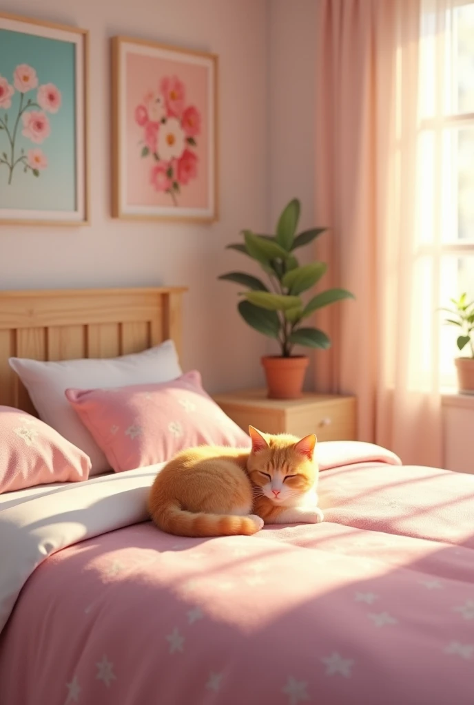 This image contains、 It depicts a bedroom with a relaxed atmosphere 。 The room has a bed with a wooden headboard 、 white sheets and a pink floral comforter。 There are multiple cushions on the bed 。

 There is a nightstand next to the bed 、 and plants are d...