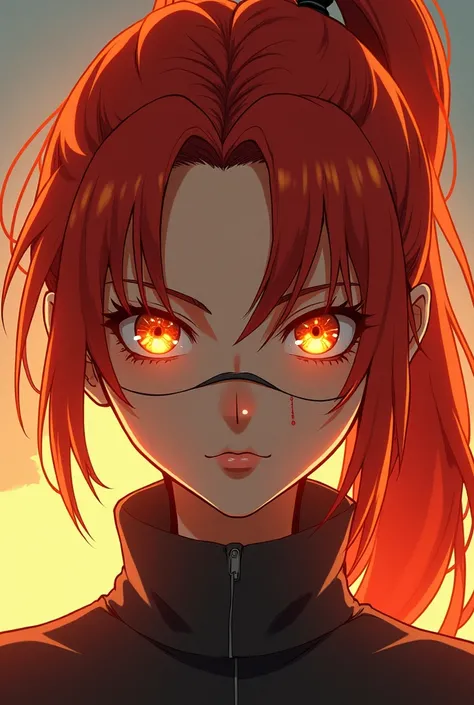 Anime style, Young woman slightly tanned, shes wearing a long and flame haired ponytail characterized by a warm reddish tone. Her eyes has a shimmering & bright tone just like gold. Her gaze is serious, and a detachable detail on her face is the long scar ...