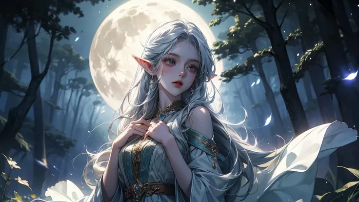 A stunning elf girl standing under the soft glow of a full moon in the heart of an ancient forest. Her long, flowing dress shimmers as moonlight filters through the trees, casting intricate shadows. The forest is alive with glowing plants and tiny fireflie...