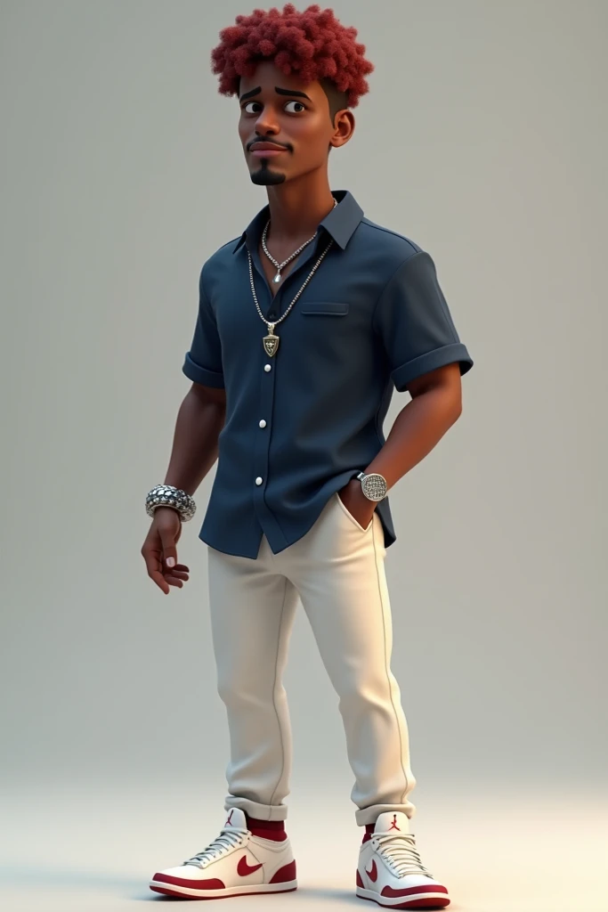  man with a dark complexion , Without Beard, short haircut and dark reddish curly hair, dress with white pants , casual navy blue shirt and white shoes Jordan style once ,  short cuban-style silver chain with charm on the neck ,  a silver cuban-style brace...