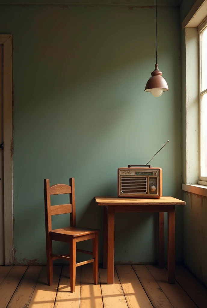 A guitarist with his 8-string viola wearing very simple clothes and caipira with a leather hat sitting on the chair near a simple table with an old radio on the table creating an atmosphere of emotion and nostalgia . That same image , But without the guita...