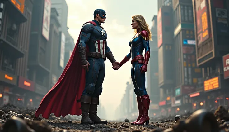  A picture of Captain America and Captain Marvel holding hands.  The background atmosphere is a cyberpunk atmosphere. , The background is a devastated city center .