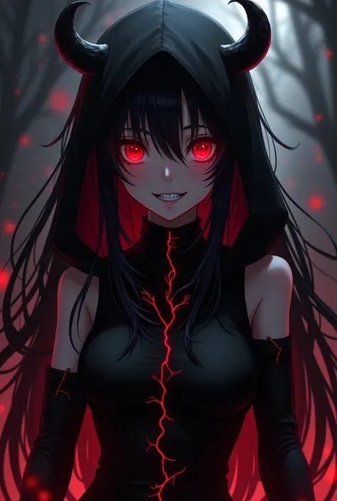 Anime girl, long black hair, glowing red eyes, black horns, black cloak and hood, outfit, evil, red veins, in the shadows, grin