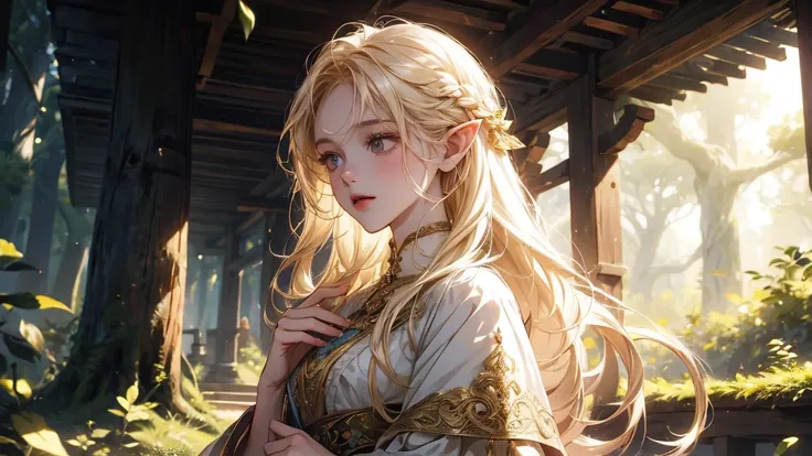 A young elf girl standing at the entrance of a hidden village in the forest. The village features treehouses connected by glowing bridges, with soft golden light illuminating the area. The girl’s outfit is intricately detailed with Celtic designs, and her ...