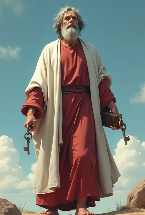  biblical image of Saint Peter with messy gray hair and a thick beard, Also gray ,  transmitting maturity and authority . he is dressed in a white robe, that involves shoulder and waist and a red tunic. he is barefoot,  a detail that may symbolize holiness...