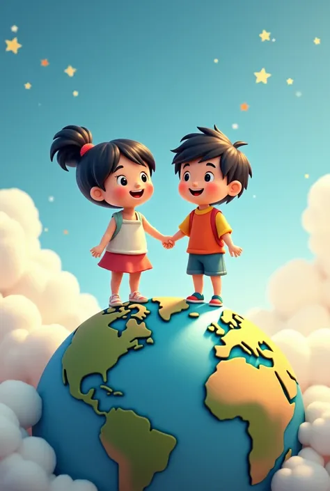 Little ren standing together holding hands on a globe and smiling 