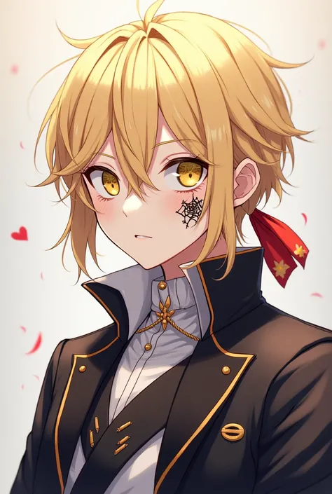 (Anime boy)
Appearance: medium hair ,pastel yellow color hair,White eyes and yellow star iris shape,black cobweb tattoo under right eye,wears a musician style outfit and black white theme,Wears a red ribbon behind the hair.