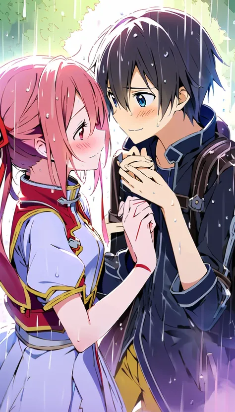  Silica Sword Art Online, playing with Kirito , under the rain,  Holding hands , romantic, Blushes. 