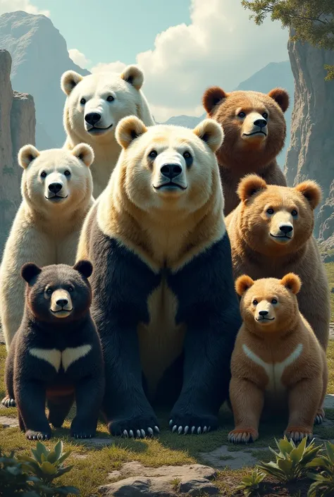 polar bear, Panda Bear , brown bear,  American black bear ,  Asian black bear , Malay bear , The beaked bear and the so-called spectacled bear 