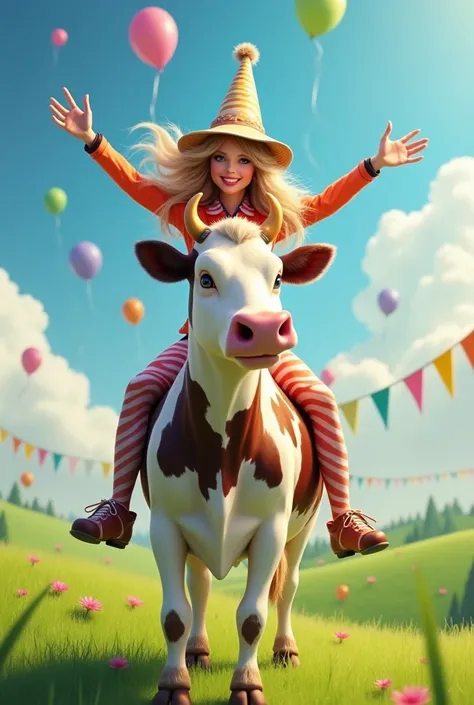 Generate an image of Taylor Swift riding a cow and wishing her a happy birthday