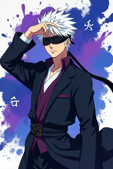 A dynamic, stylized portrait of Gojo Satoru from Jujutsu Kaisen with his iconic white hair and blindfold. He’s standing confidently with one hand raised in a powerful pose, exuding a calm yet fierce energy. The background features abstract splashes of blue...