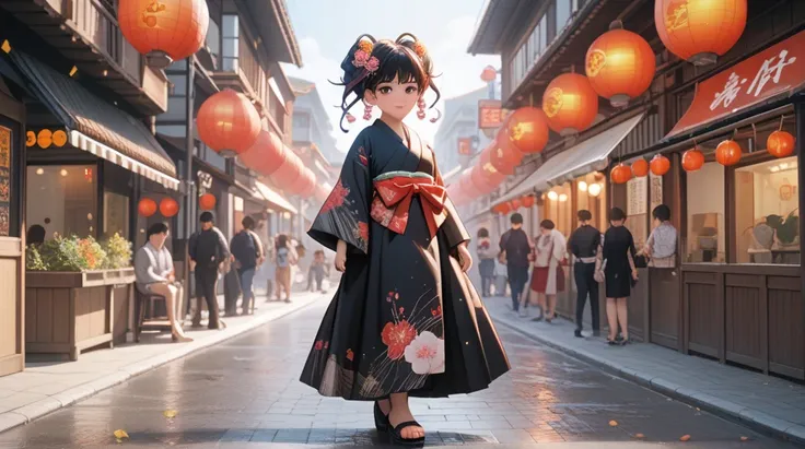 
anime girl in kimono outfit walking down a wet street, anime style 4 k, artwork in the style of guweiz, anime style. 8k, guweiz, guweiz on pixiv artstation, anime girl wearing a black dress, guweiz on artstation pixiv, guweiz masterpiece, anime art wallpa...