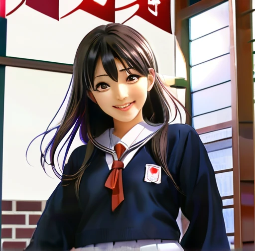 there is a woman that is standing outside of a building, wearing japanese school uniform, japanese girl school uniform, she is facing the camera, anime girl in real life, mayuri shiina, japanese school uniform, of a youthful japanese girl, she is smiling a...